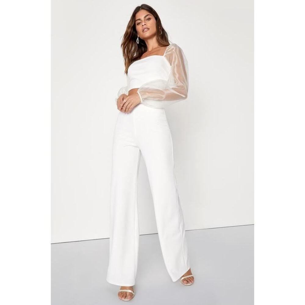 NWT Lulus Sheerly Sultry Ivory Organza Balloon Sleeve Two-piece Jumpsuit White